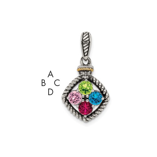 Sterling Silver Antiqued Pendant with 14K 4-stone with Diamond Mother's