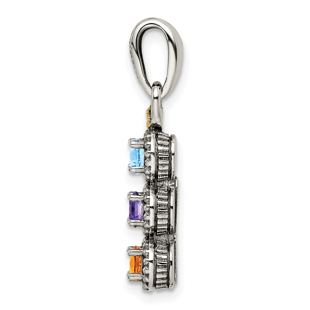 Sterling Silver Antiqued w/14k 3-stone w/Diamond Mothers Pendant Semi-Mount (QMPD27/3)
