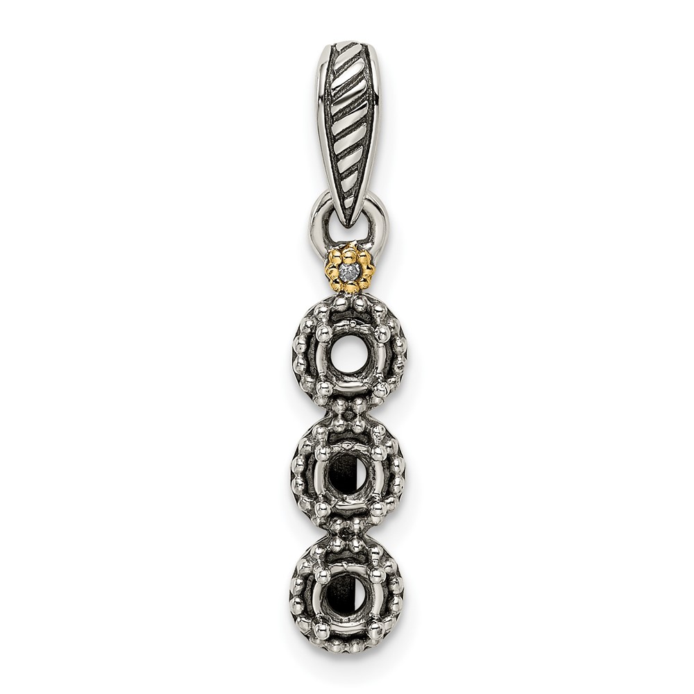 Sterling Silver Antiqued w/14k 3-stone w/Diamond Mothers Pendant Semi-Mount (QMPD27/3)