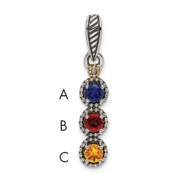 Sterling Silver Antiqued w/14k 3-stone w/Diamond Mothers Pendant Semi-Mount (QMPD27/3)