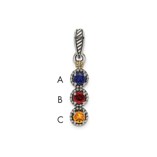 Sterling Silver Antiqued Pendant with 14K 3-stone with Diamond Mother's