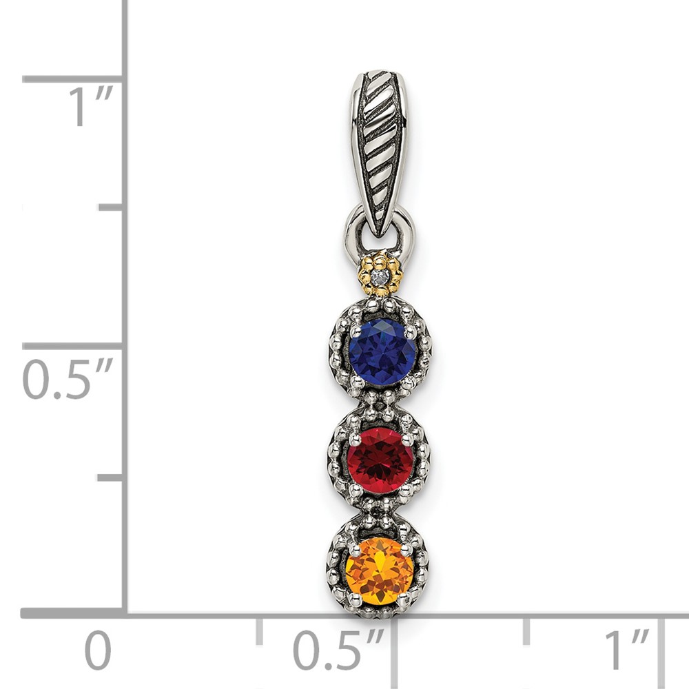 Sterling Silver Antiqued w/14k 3-stone w/Diamond Mothers Pendant Semi-Mount (QMPD27/3)