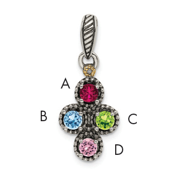 Sterling Silver Antiqued w/14k 4-stone w/Diamond Mothers Pendant Semi-Mount (QMPD27/4)