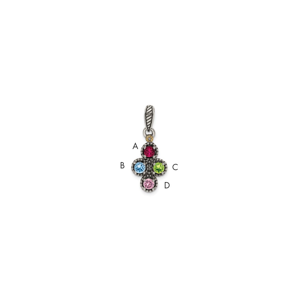 Sterling Silver Antiqued Pendant with 14K 4-stone with Diamond Mother's
