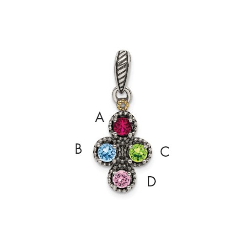 Sterling Silver Antiqued Pendant with 14K 4-stone with Diamond Mother's