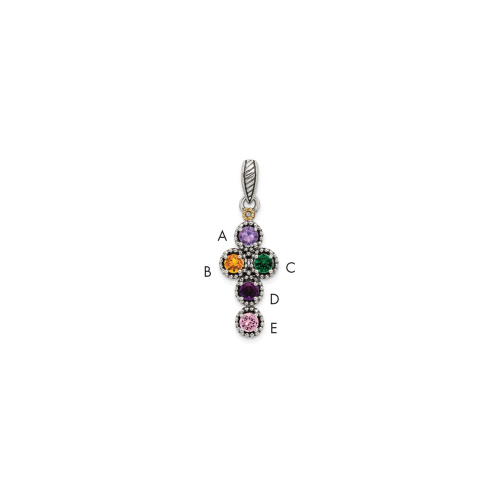 Sterling Silver Antiqued Pendant with 14K 5-stone with Diamond Mother's