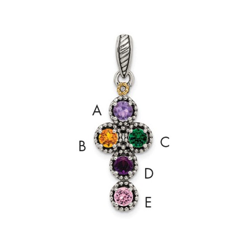 Sterling Silver Antiqued Pendant with 14K 5-stone with Diamond Mother's