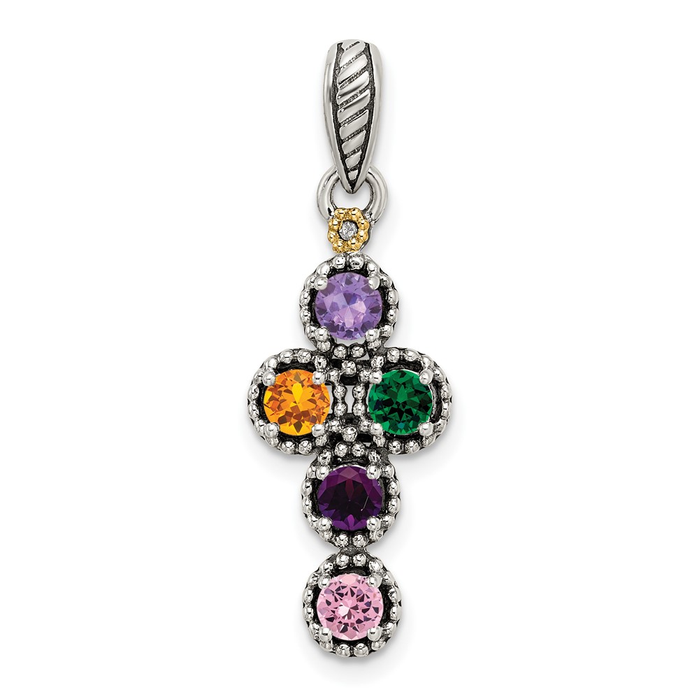 Sterling Silver Antiqued w/14k 5-stone w/Diamond Mothers Pendant Semi-Mount (QMPD27/5)