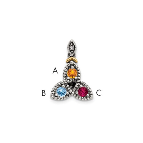 Sterling Silver Antiqued Pendant with 14K 3-stone with Diamond Mother's