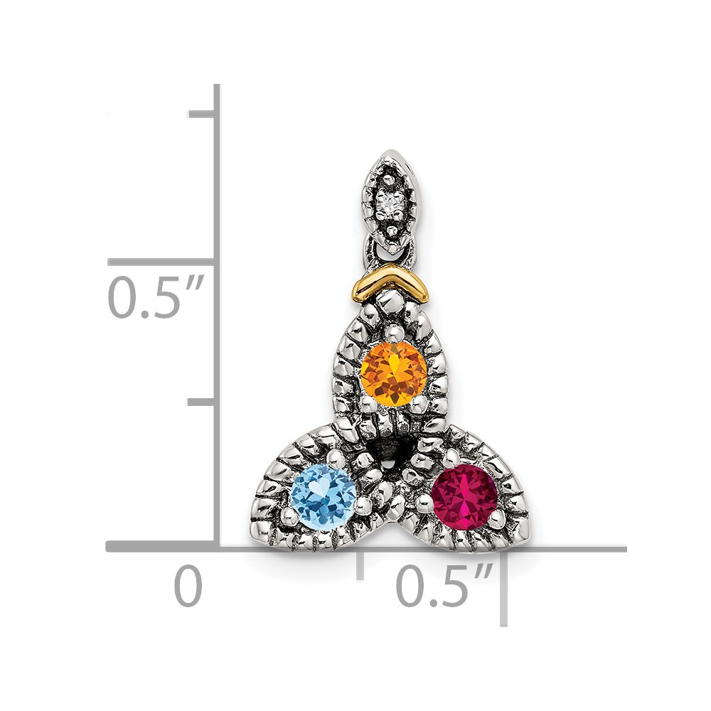 Sterling Silver Antiqued w/14k 3-stone w/Diamond Mothers Pendant Semi-Mount (QMPD28/3)