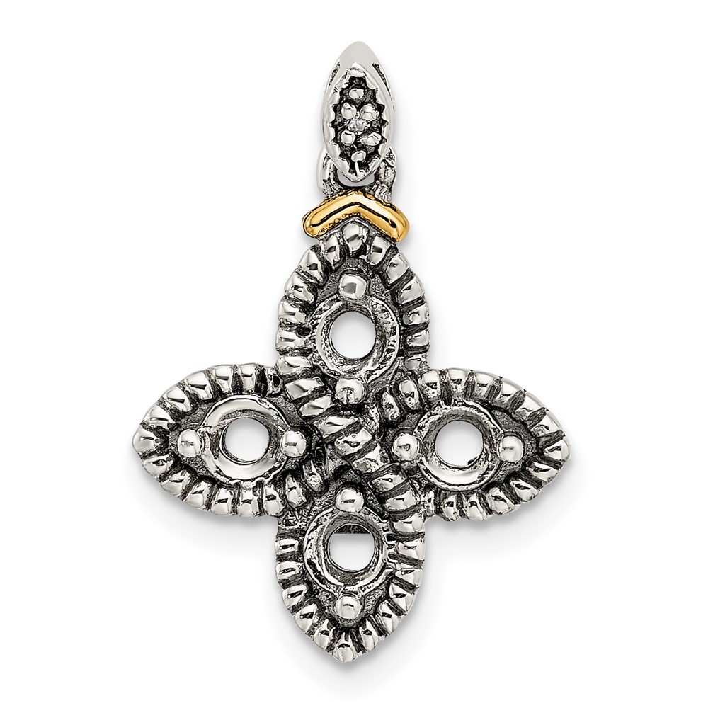 Sterling Silver Antiqued w/14k 4-stone w/Diamond Mothers Pendant Semi-Mount (QMPD28/4)