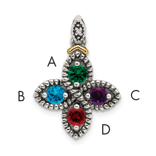 Sterling Silver Antiqued w/14k 4-stone w/Diamond Mothers Pendant Semi-Mount (QMPD28/4)