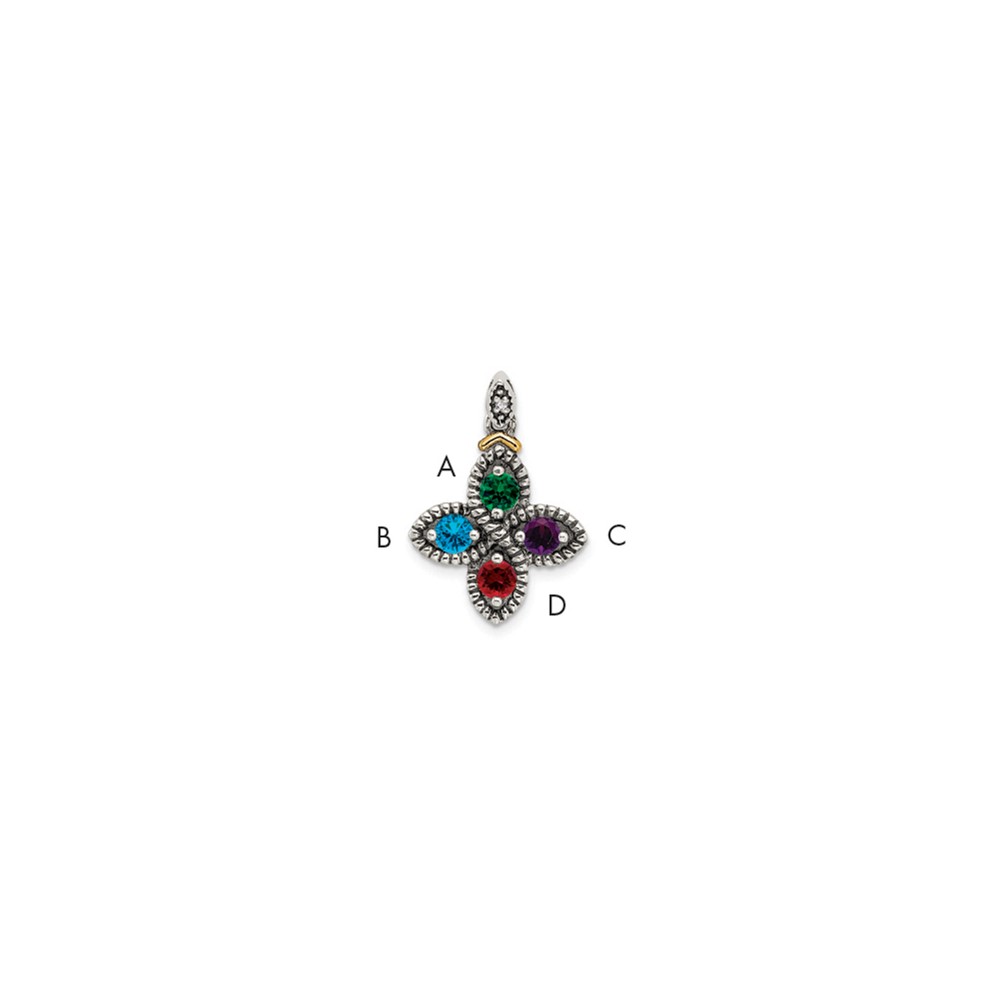 Sterling Silver Antiqued Pendant with 14K 4-stone with Diamond Mother's