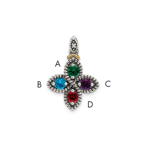 Sterling Silver Antiqued Pendant with 14K 4-stone with Diamond Mother's