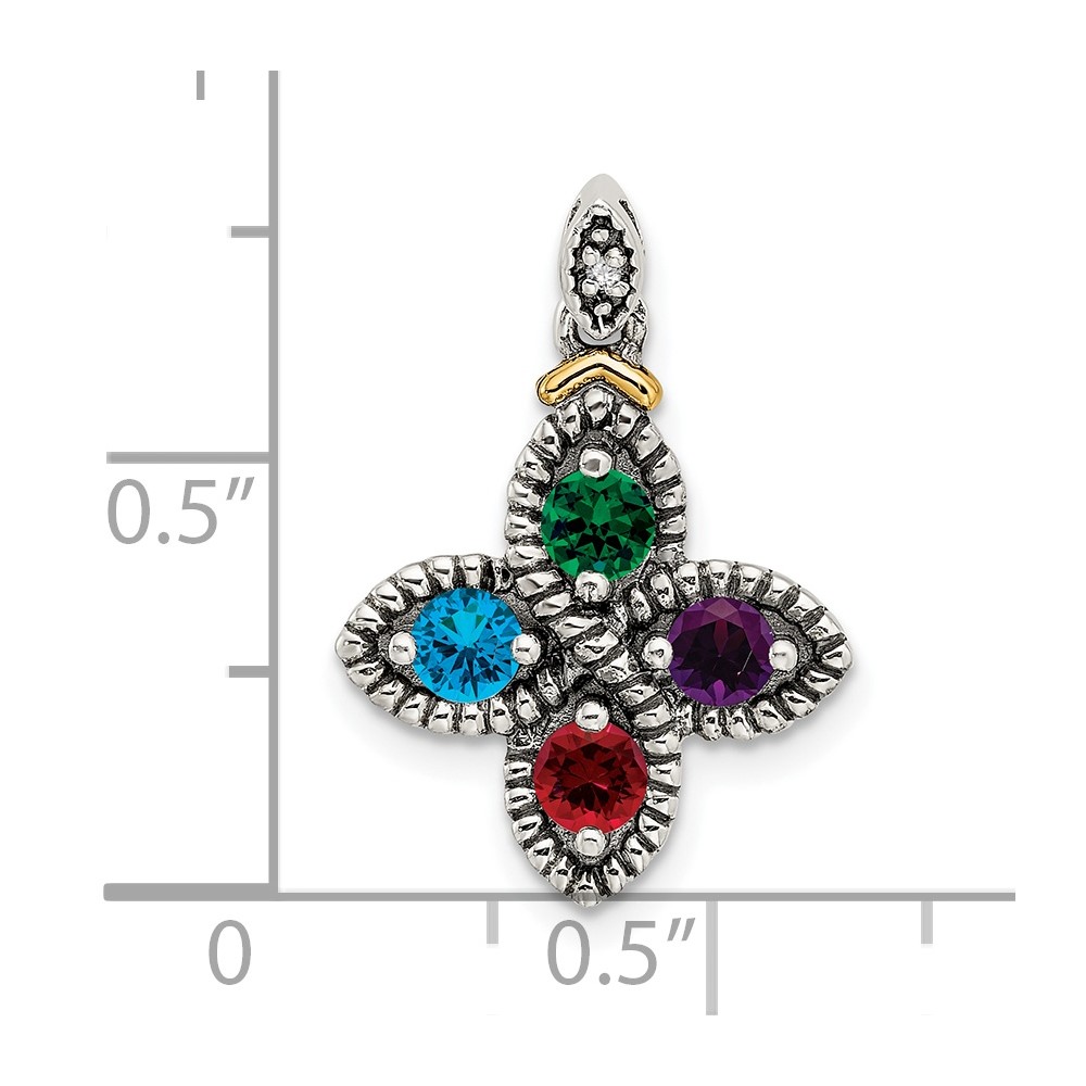 Sterling Silver Antiqued w/14k 4-stone w/Diamond Mothers Pendant Semi-Mount (QMPD28/4)