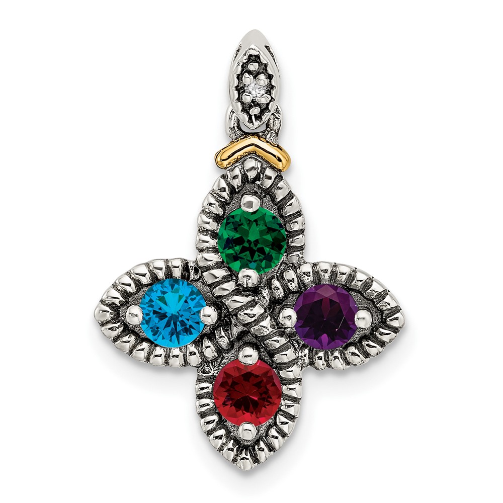 Sterling Silver Antiqued w/14k 4-stone w/Diamond Mothers Pendant Semi-Mount (QMPD28/4)