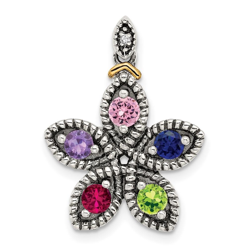 Sterling Silver Antiqued w/14k 5-stone w/Diamond Mothers Pendant Semi-Mount (QMPD28/5)
