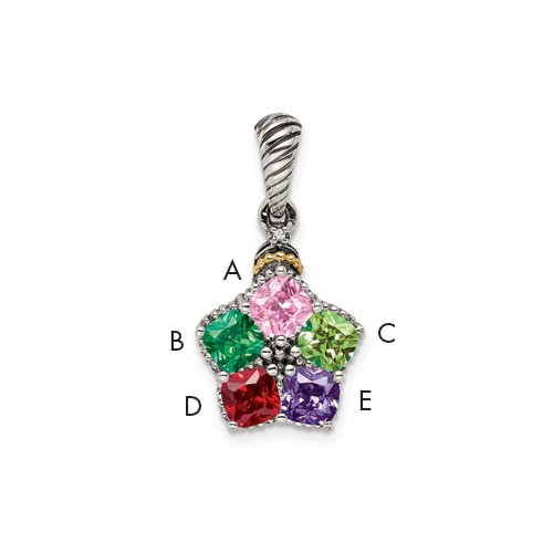Sterling Silver Antiqued Pendant with 14K 5-stone with Diamond Mother's