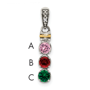 Sterling Silver Antiqued w/14k 3-stone w/Diamond Mothers Pendant Semi-Mount (QMPD37/3)