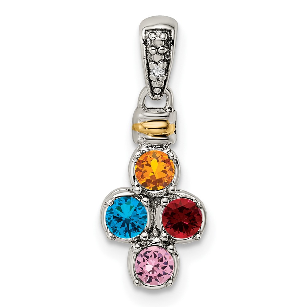 Sterling Silver Antiqued w/14k 4-stone w/Diamond Mothers Pendant Semi-Mount (QMPD37/4)