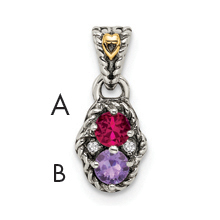 Sterling Silver Antiqued w/14k 2-stone w/Diamond Mothers Pendant Semi-Mount (QMPD38/2)