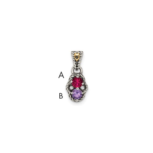 Sterling Silver Antiqued Pendant with 14K 2-stone with Diamond Mother's