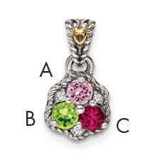 Sterling Silver Antiqued w/14k 3-stone w/Diamond Mothers Pendant Semi-Mount (QMPD38/3)