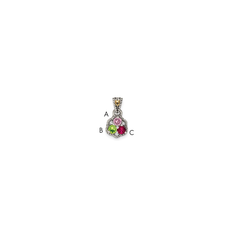 Sterling Silver Antiqued Pendant with 14K 3-stone with Diamond Mother's