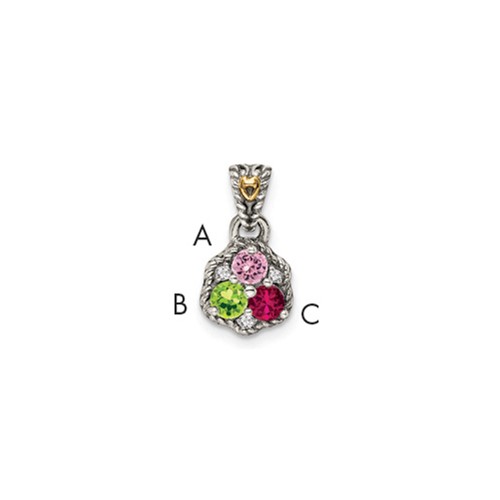 Sterling Silver Antiqued Pendant with 14K 3-stone with Diamond Mother's