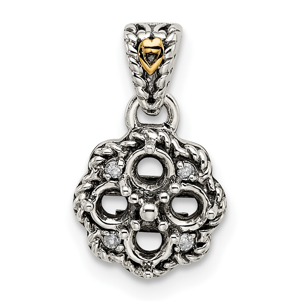 Sterling Silver Antiqued w/14k 4-stone w/Diamond Mothers Pendant Semi-Mount (QMPD38/4)