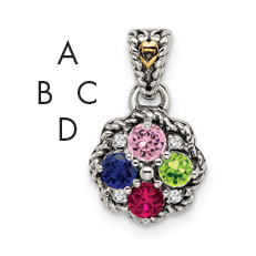 Sterling Silver Antiqued w/14k 4-stone w/Diamond Mothers Pendant Semi-Mount (QMPD38/4)