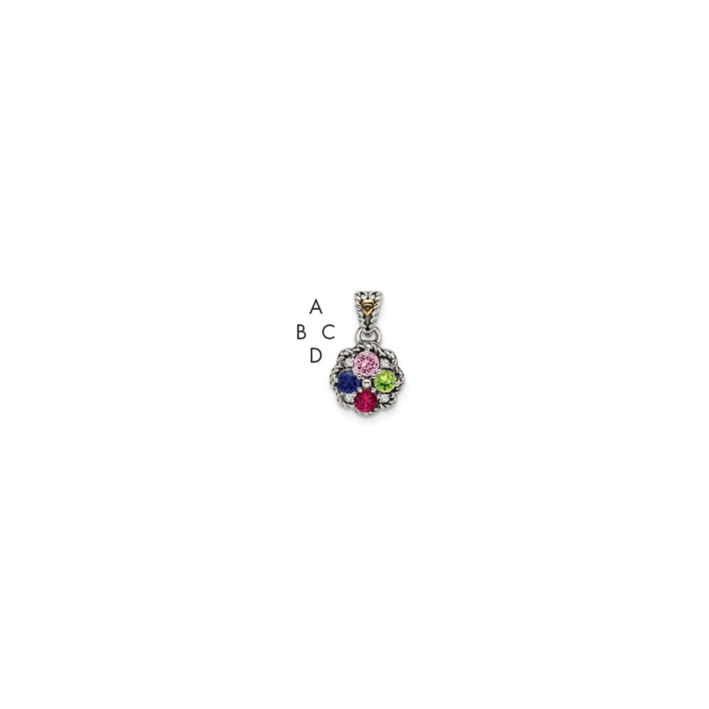 Sterling Silver Antiqued Pendant with 14K 4-stone with Diamond Mother's