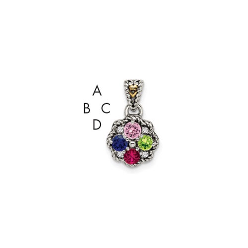 Sterling Silver Antiqued Pendant with 14K 4-stone with Diamond Mother's