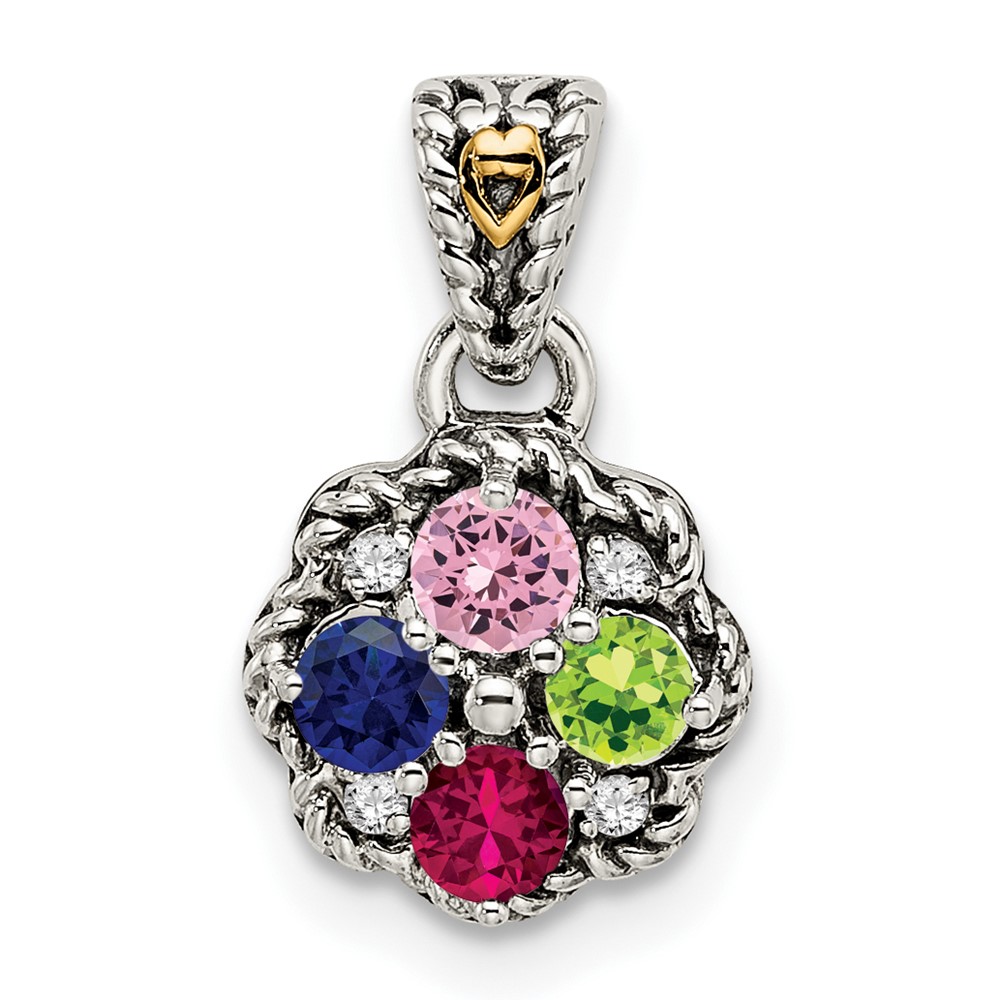 Sterling Silver Antiqued w/14k 4-stone w/Diamond Mothers Pendant Semi-Mount (QMPD38/4)