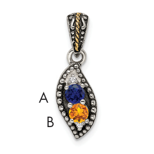 Sterling Silver Antiqued w/14k 2-stone w/Diamond Mothers Pendant Semi-Mount (QMPD40/2)