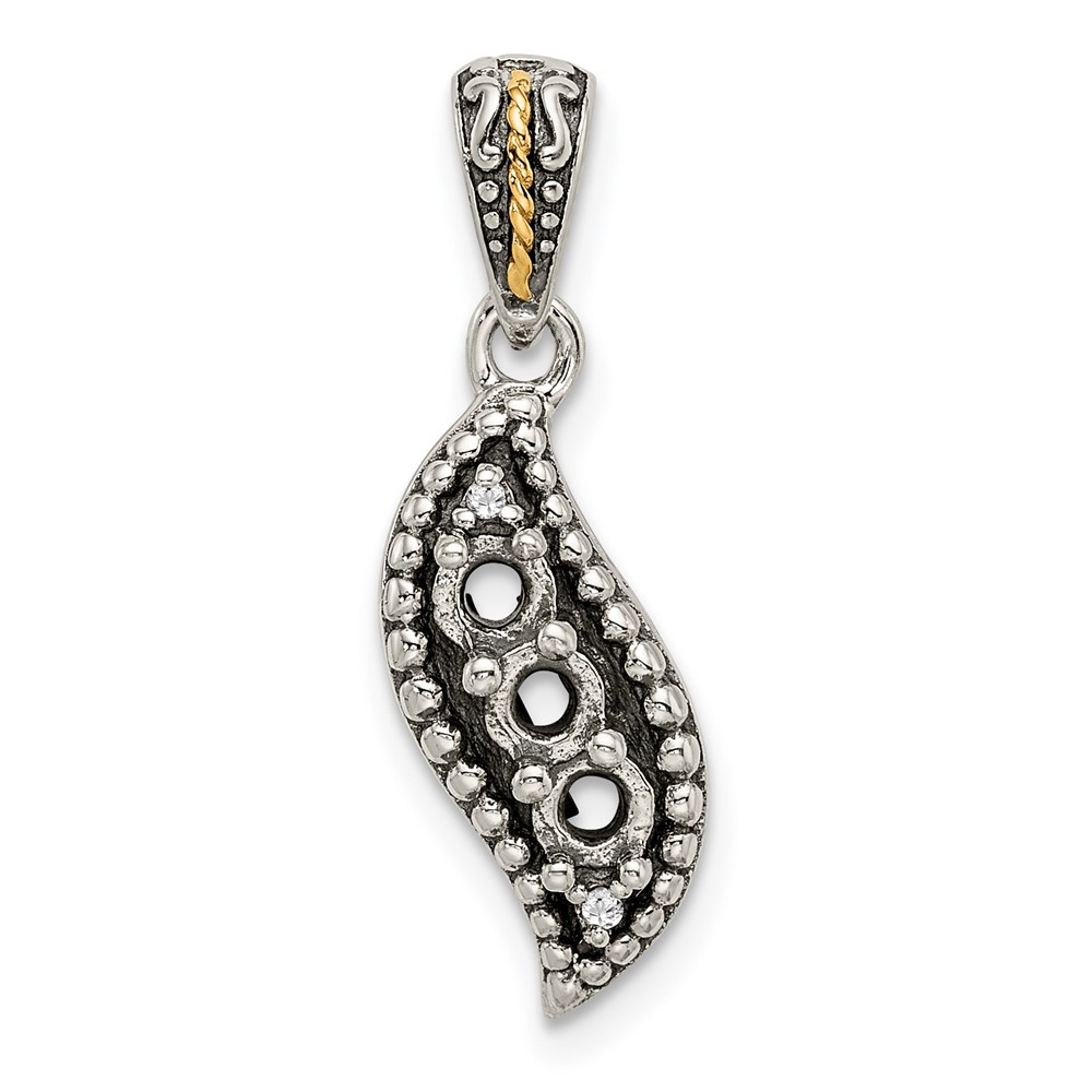 Sterling Silver Antiqued w/14k 3-stone w/Diamond Mothers Pendant Semi-Mount (QMPD40/3)