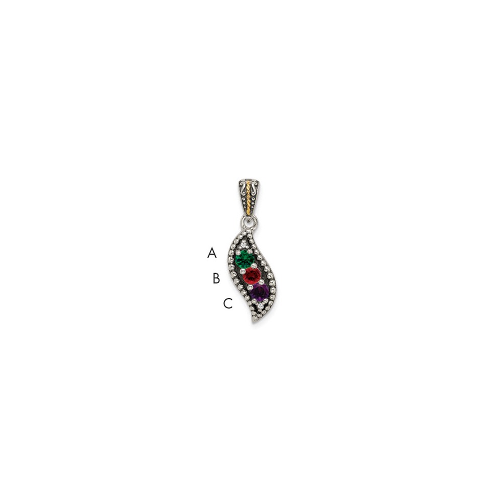 Sterling Silver Antiqued Pendant with 14K 3-stone with Diamond Mother's