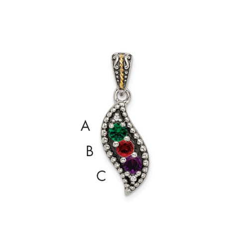 Sterling Silver Antiqued Pendant with 14K 3-stone with Diamond Mother's