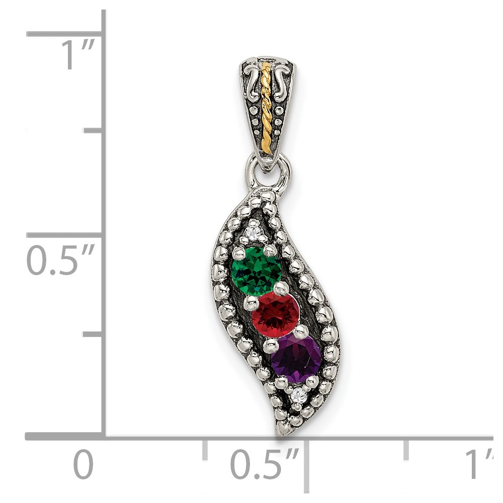 Sterling Silver Antiqued w/14k 3-stone w/Diamond Mothers Pendant Semi-Mount (QMPD40/3)
