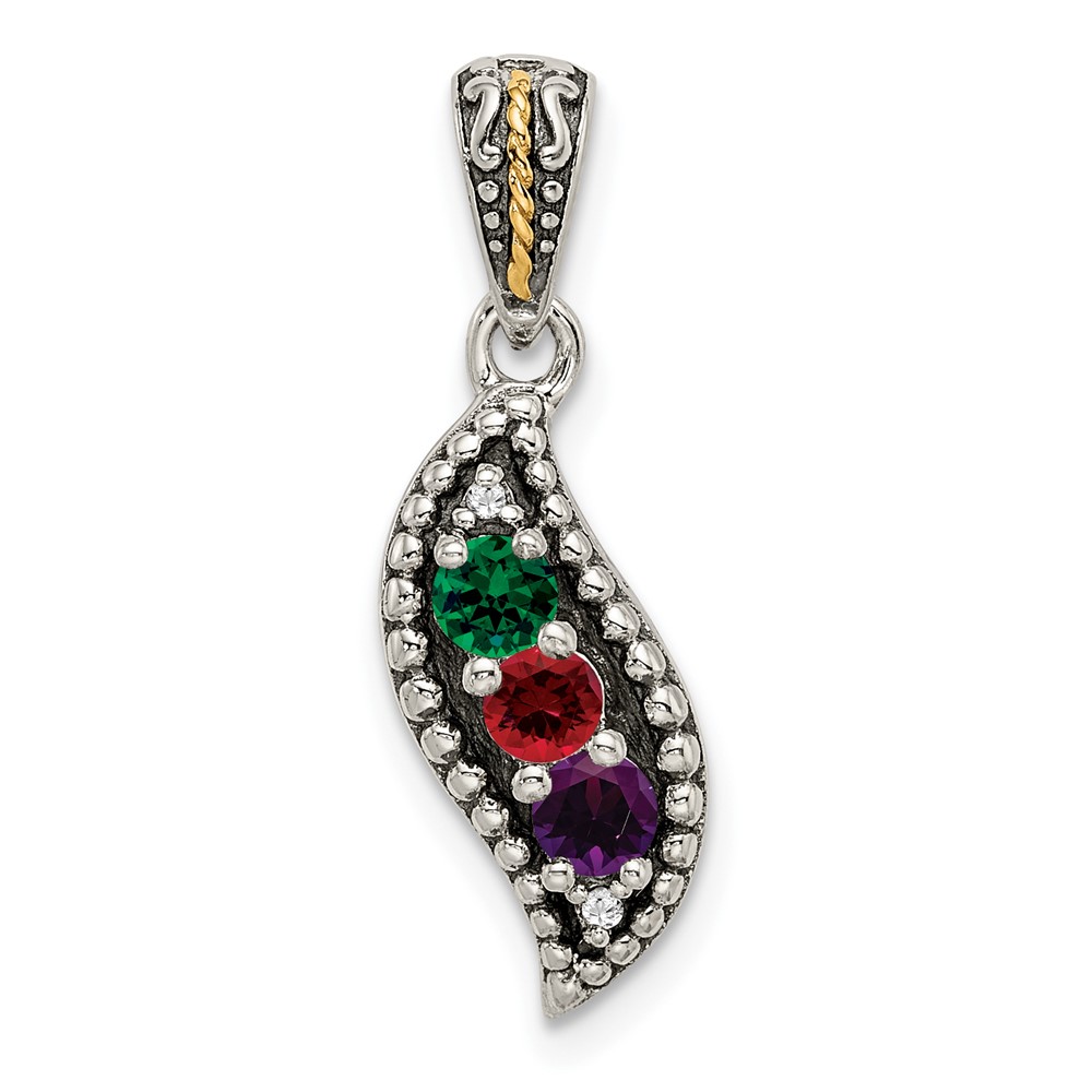 Sterling Silver Antiqued w/14k 3-stone w/Diamond Mothers Pendant Semi-Mount (QMPD40/3)
