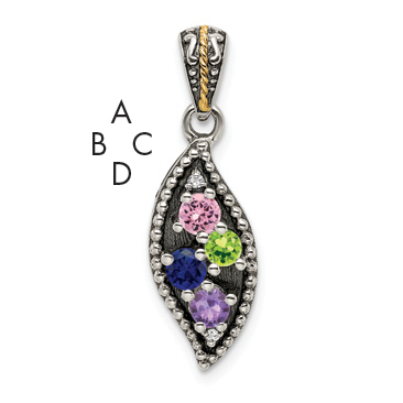 Sterling Silver Antiqued w/14k 4-stone w/Diamond Mothers Pendant Semi-Mount (QMPD40/4)