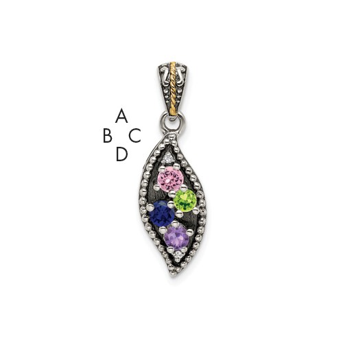 Sterling Silver Antiqued Pendant with 14K 4-stone with Diamond Mother's