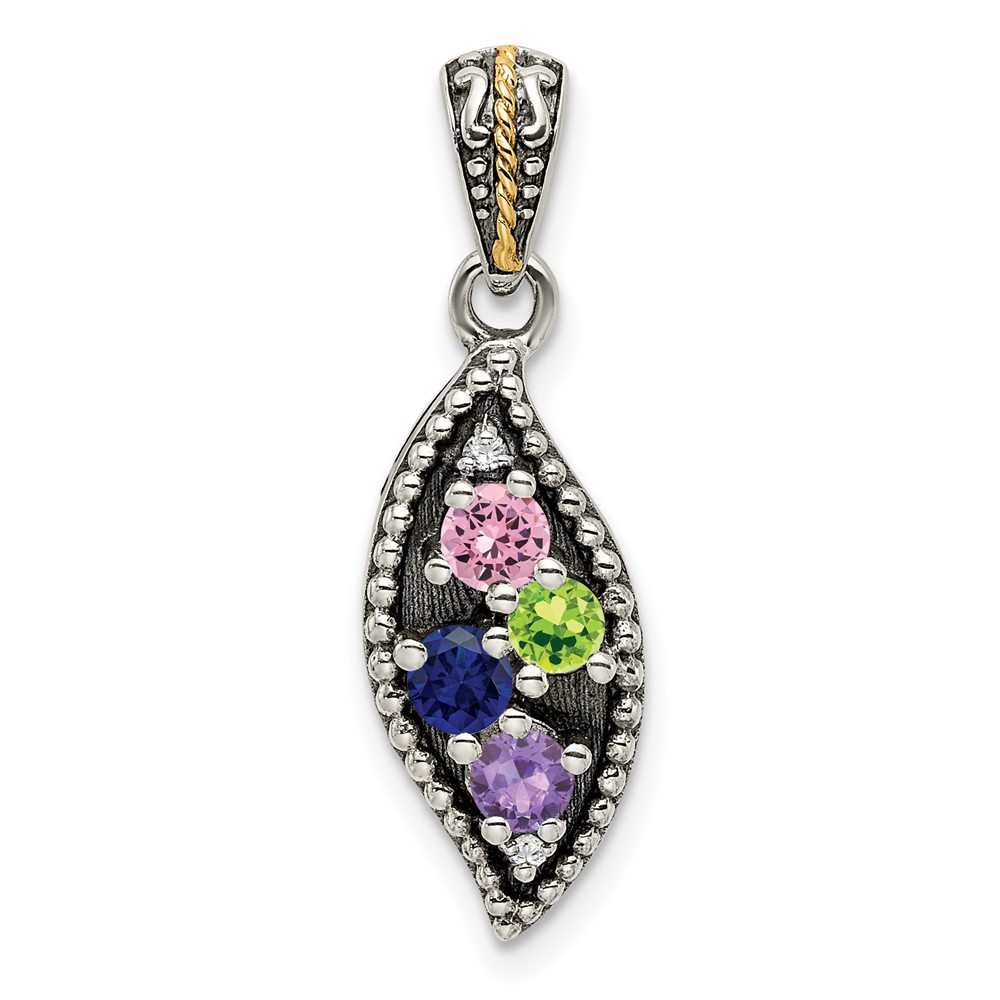 Sterling Silver Antiqued w/14k 4-stone w/Diamond Mothers Pendant Semi-Mount (QMPD40/4)