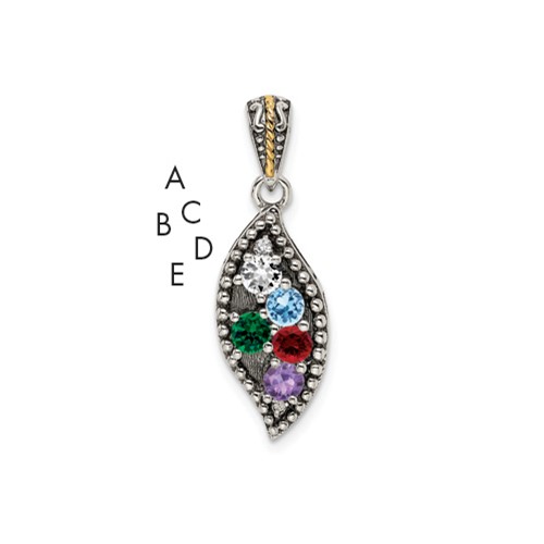 Sterling Silver Antiqued Pendant with 14K 5-stone with Diamond Mother's