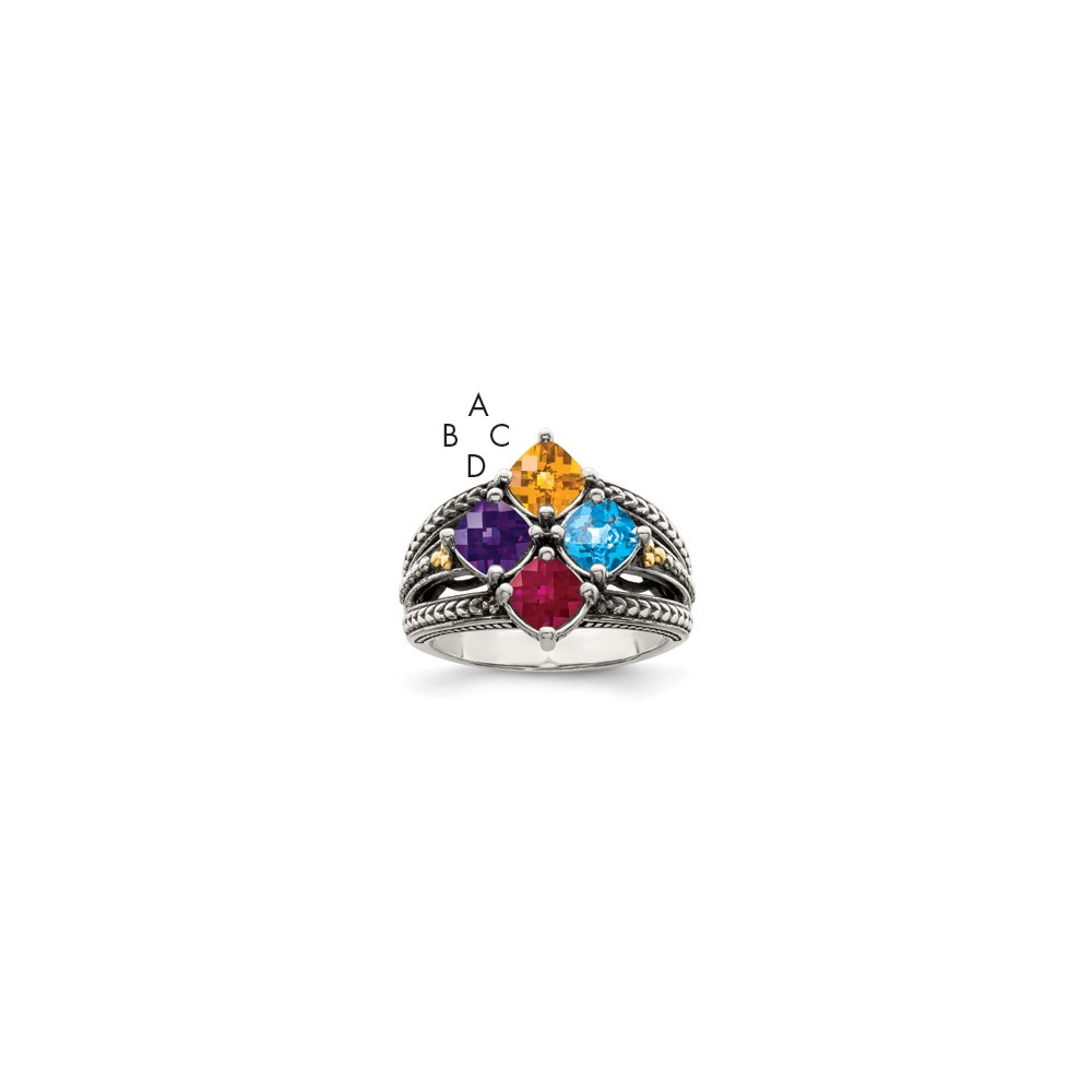 Sterling Silver Antiqued Ring with 14K 4-stone Mother's