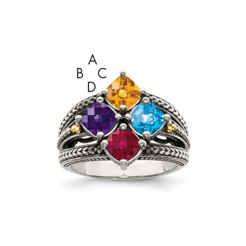 Sterling Silver Antiqued Ring with 14K 4-stone Mother's