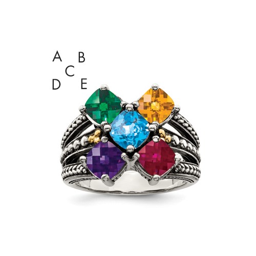 Sterling Silver Antiqued Ring with 14K 5-stone Mother's