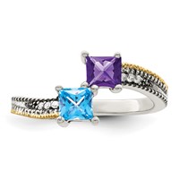 Sterling Silver Antiqued Ring with 14K 2-stone with Diamond Mother's view 5