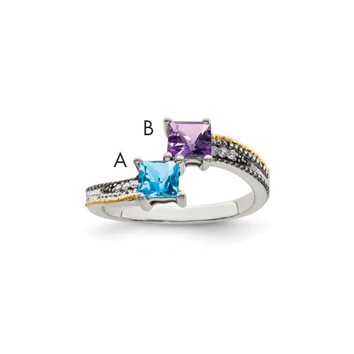 Sterling Silver Antiqued Ring with 14K 2-stone with Diamond Mother's