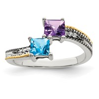 Sterling Silver Antiqued Ring with 14K 2-stone with Diamond Mother's view 2